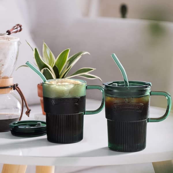450 ml mugg med lock och sugrör, iskaffemugg med sugrör och lock, 2-pack gröna vattenmuggar med sugrör