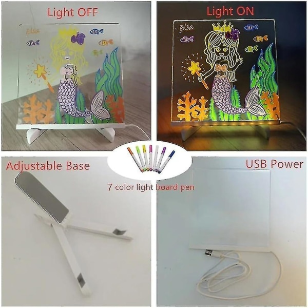 Led-muistiinpanotaulu, jossa 7 väriä kynää, hehkuva akryylikuivapoistotaulu, LED-valo ja jalusta, Light Up Diy -ilmoitustaulu pöytätaulu S - 15x15CM