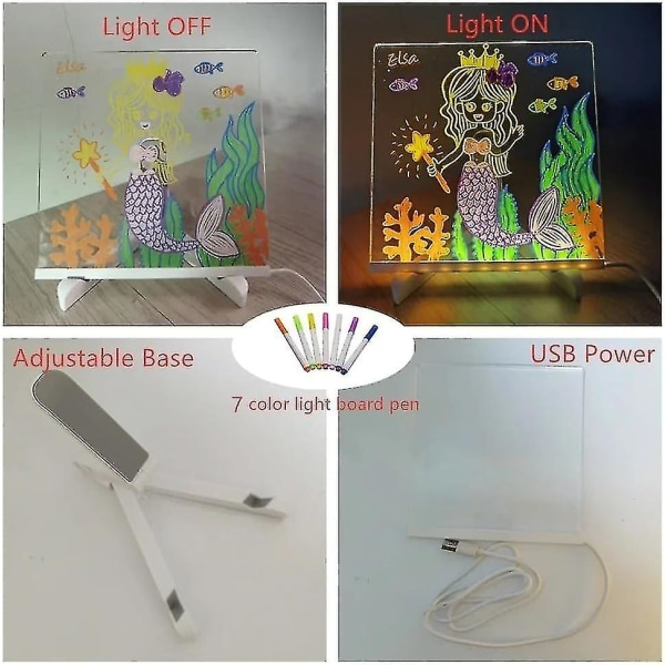 Led-notatavle med 7-farger penn, glødende akryl tørrslettetavle med led-lys og stativ, lys opp DIY-meldingstavle Skrivebord Whiteboard M - 20x20CM