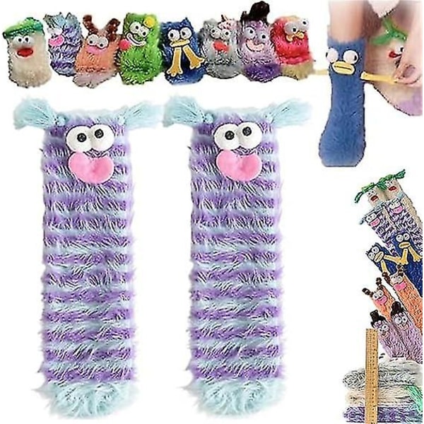 Lämpimät Cozy Fluffy Sarjakuva Monster Sukat, Coral Velvet Kolmiulotteiset omituiset sukat, Pehmoiset Monster Socks Joulusukat 1 pair striped