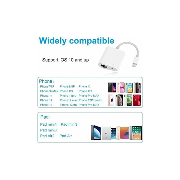Lightning til Ethernet RJ45-adapter med opladning til iPhone/iPad, understøtter 10/100 Mbps højhastighedsnetværk