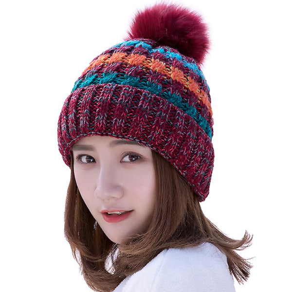 Dam kabel stickad bobble vinter pom mössa hatt ull slouch casual skidmössor Wine Red