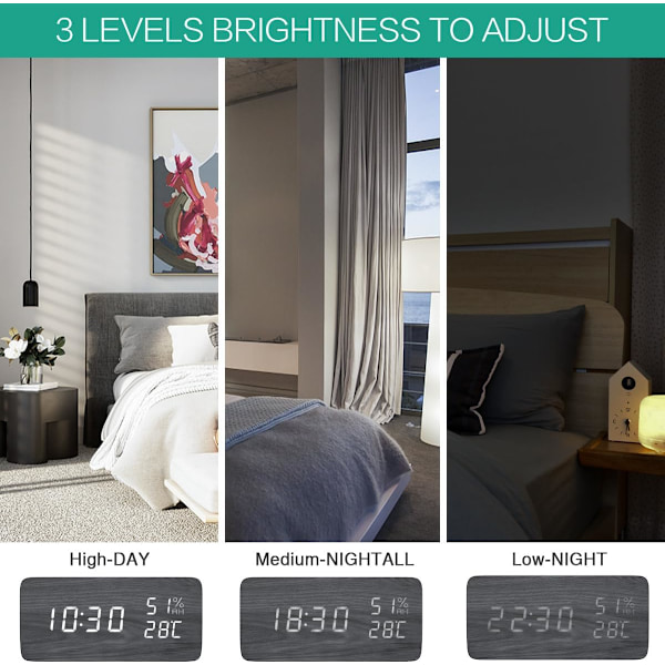LED Väckarklocka, Digital Träklocka, Multifunktionell Väckarklocka, 3 Separata Alarm, Röst- & Beröringsaktiverad, Temperatur black