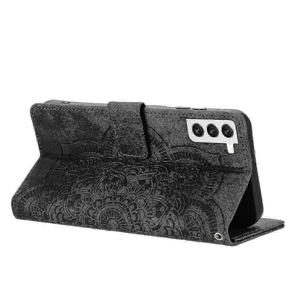 Frosted læder smartphone-etui til Mandala præget retro (sort, til Samsung Galaxy S21 5G)