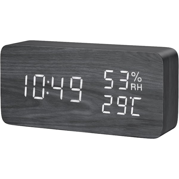 LED Väckarklocka, Digital Träklocka, Multifunktionell Väckarklocka, 3 Separata Alarm, Röst- & Beröringsaktiverad, Temperatur black