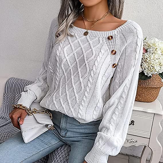Dame Firkantet Hals Knap Kabelstrik Langærmet Afslappet Løs Pullover Sweater Top Oliven Fleece Pullover White