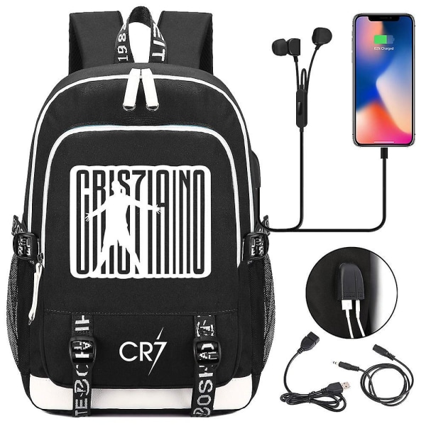 Cr7 Nylon Vattentät Studentväska Tonåring Tryck Skolväska Usb Laddning Lyssna På Musik Ryggsäck Laptop Ryggsäck