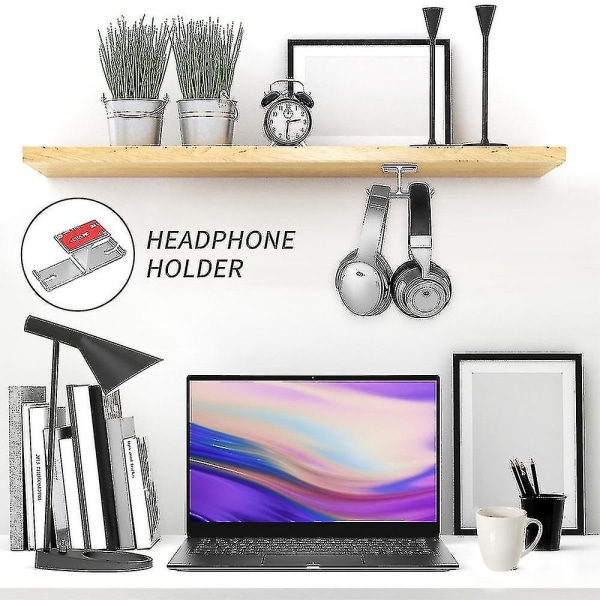 Headset-holder, Hovedtelefon-stand Hanger Hook Aluminium Stick-on Lim Under Desk Dual