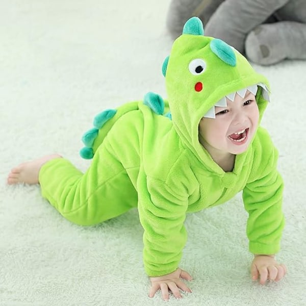 Unisex barnekostyme med dinosaur, heldress i flanell med hette