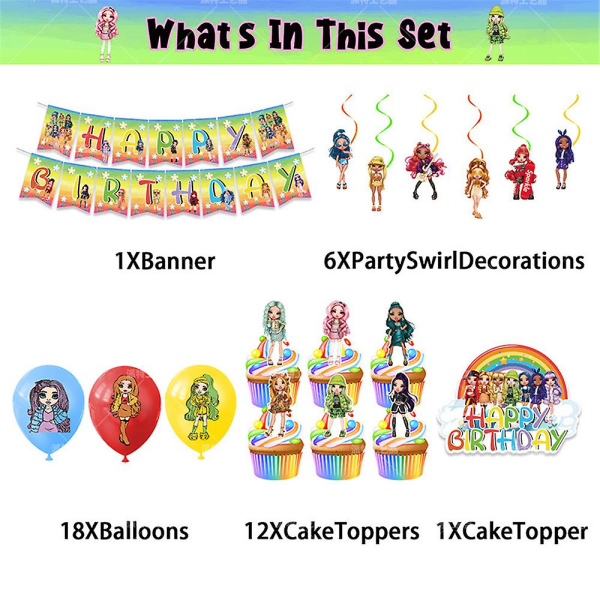 Regnbue dukke barn jenter bursdagsfest ballonger banner kake topper sett dekor forsyninger sett