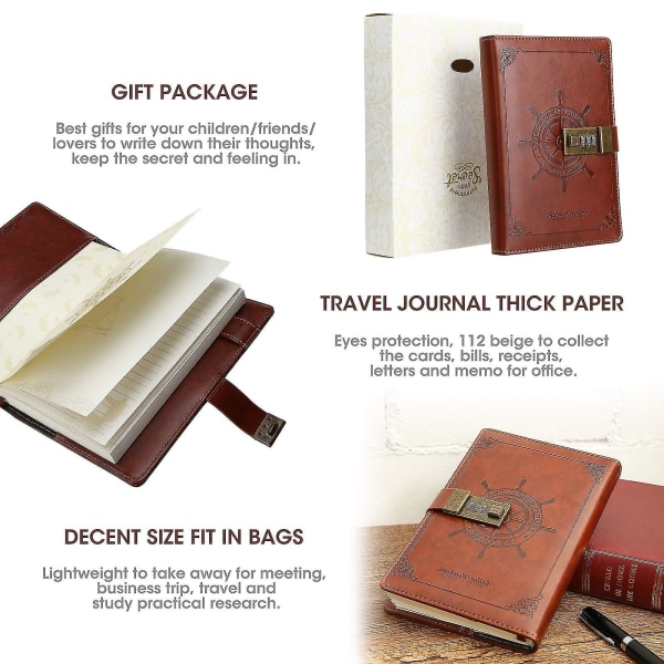 Dagbog med lås Læderjournal Adgangskode Kombination Lås Notebook Hemmelig Journal Skrive Notebook Pu Brun Stil