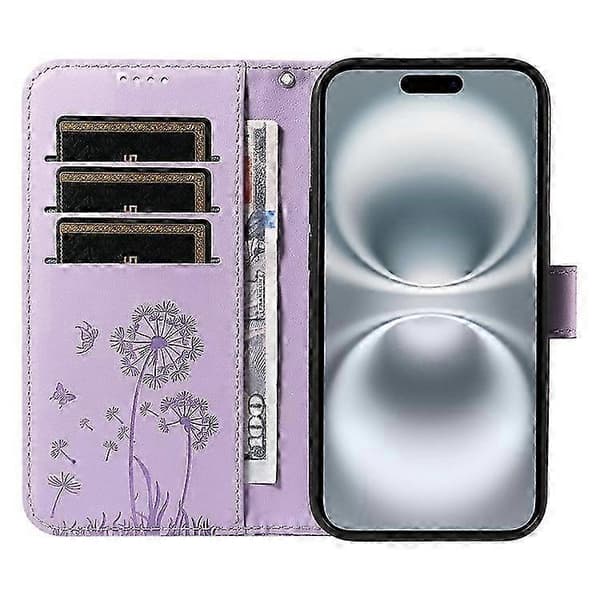 Kompatibel med iPhone 16 Läderfodral Plånboksfodral Maskrosavtryck Purple