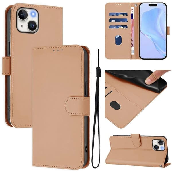 Solid farve tegnebog læder telefoncover med rem til iPhone 15 - Multicolor Nude