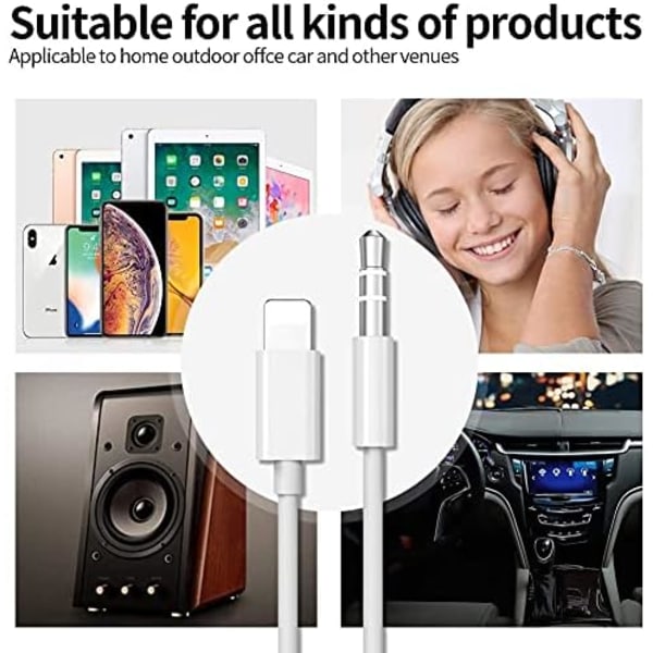 Aux-kabel til bil 3,5 mm Aux Stereo/hovedtelefoner/højttaler understøtter alle iOS-systemer - hvid (1 m)