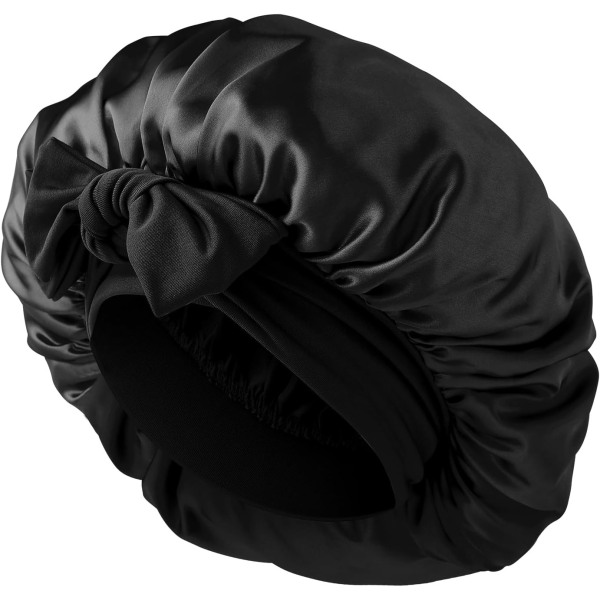 Silke sovebonnet til kvinder, 1 stk. justerbar satin natsovehue blød elastisk bånd silkebonnet til sovende, hårbonnet med slipsbånd (sort)