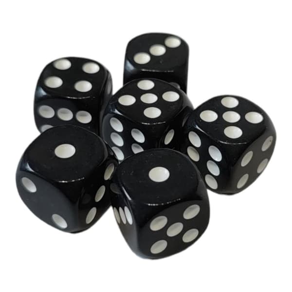 6 mustaa noppaa 16mm noppapeleihin, helppo heittää