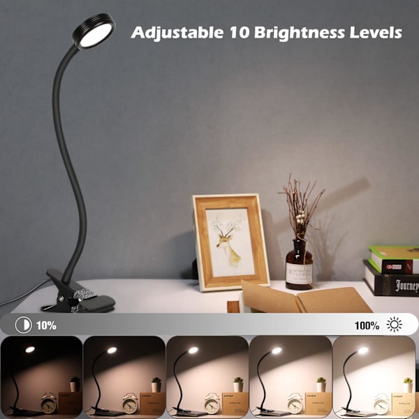 Klipplampa UCB LED-skrivbordslampa läslampa klämbordssäng med adapter ljusstyrka ögonvårdande justering för kontor och hem 360° flexibel svart