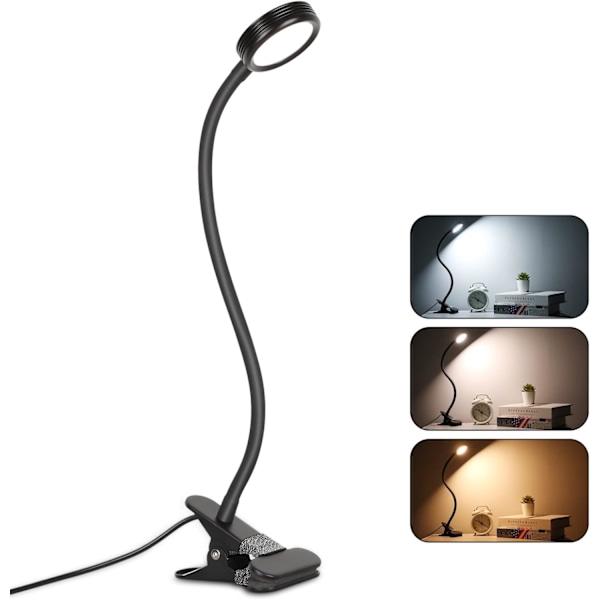Klipplampa UCB LED-skrivbordslampa läslampa klämbordssäng med adapter ljusstyrka ögonvårdande justering för kontor och hem 360° flexibel svart