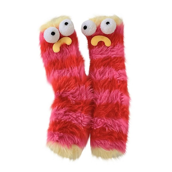Söta 3d Quirky Sockor, varma mysiga fluffiga tecknade monstergolvsockor, vinterroliga sockgåvor Red