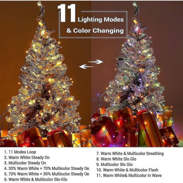Julelys, 65,67 fot 200 LED-fargeskiftende trelys 11-funksjons varmhvit og flerfarget