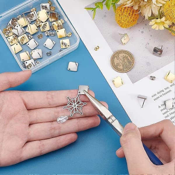 1 låda 40 st örhängesstift med hål 304 rostfritt stål stift romb dubb allergivänlig geometrisk stift