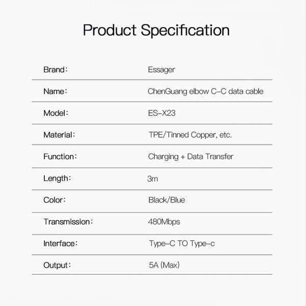 ESSAGER 3m 100W PD USB-C - USB-C Kulmalatauskaapeli Musta size 81