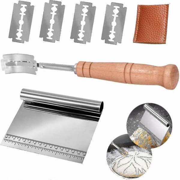 Brødskjæreverktøy med 5 rustfrie stålblader, deigskrape og kutter for baking, barberblad for å snitte brød