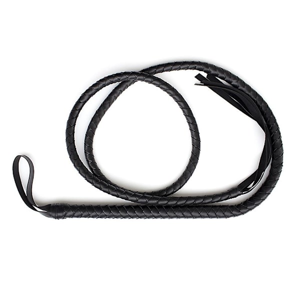 1,9M Bullwhip i Läder och Mocka, Flätad Svans, Ridsporrar (Svart)