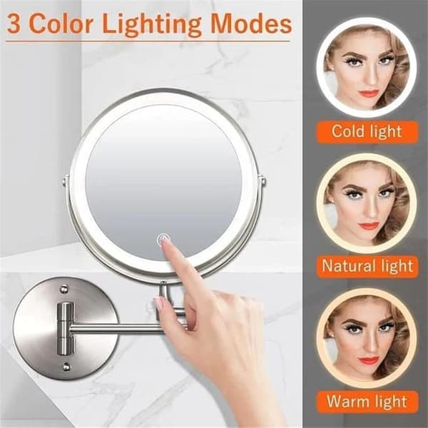 Wall-mounted makeup mirror with lighting - 8 inch, 3x/10x magnification, dimmable with 3 light modes, 360° rotatable double-sided mirror Black Black 3X