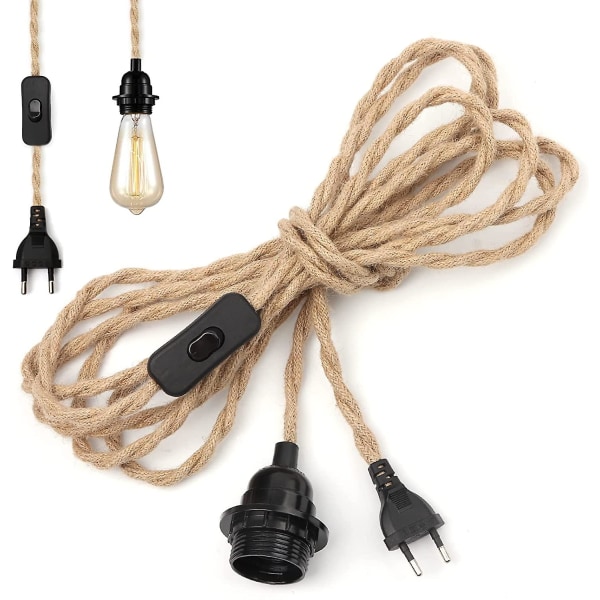 Luster Corde De Chanvre Cble 4.5m, Douille E27 Interrupteur Avec Fil Cable Ampule, Pour Diy Lampe Suspension Lumire Pendante Industrielle Luster Doui