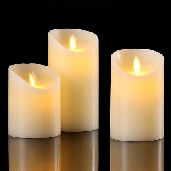 Sett med 3 ekte voks elektriske LED-flammeløse stearinlys med fjernkontroll og 24-timers timer (d: 8 x H: 10 x 12,5 x 15 cm)