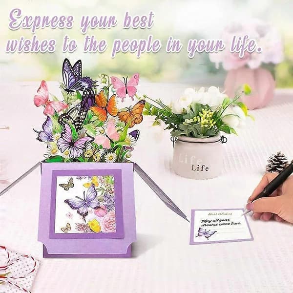 3D Pop-Up Gratulasjonskort til Bursdag - Blomster- og Sommerfugldesign for Enhver Mottaker