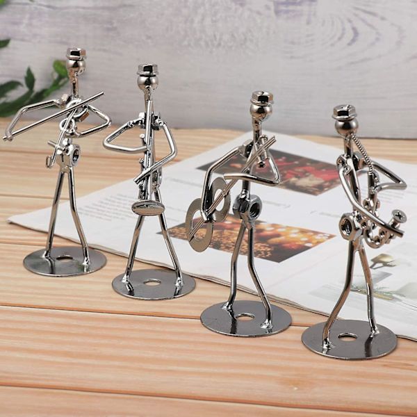 4 st Music Man Staty Metall Musiker Orkester Set Gitarr Trombon Saxofon Spelare Modell