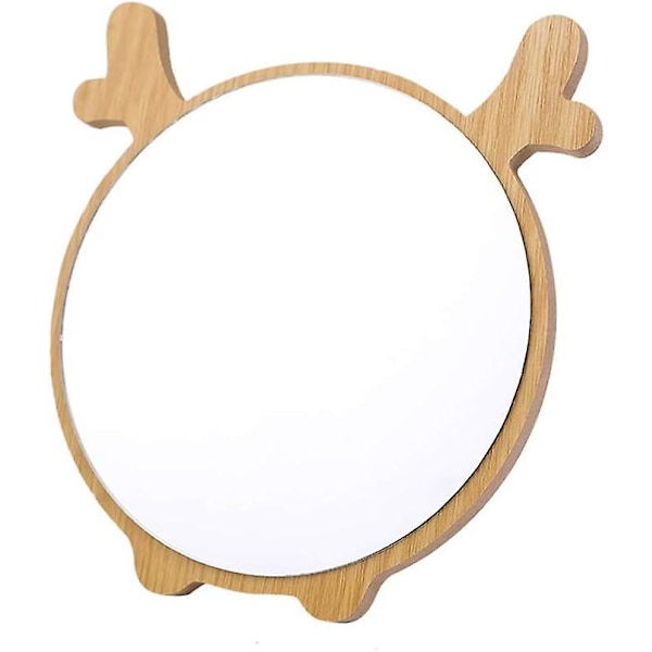 Round Compact Desk Mirror, Christmas Deer Ear Shaped Table Standing Wood Framed Mirror Desktop Mirror for Women Girls Kids Makeup Comestic Bathroom S