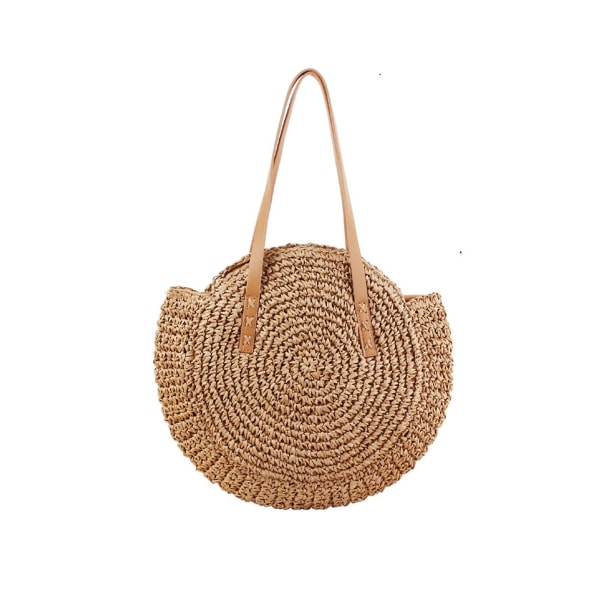 Halmtaske,halmskuldertaske, Rund Vintage håndvævet strandhalmhåndtaske til kvinder til rejser og ferie-brun