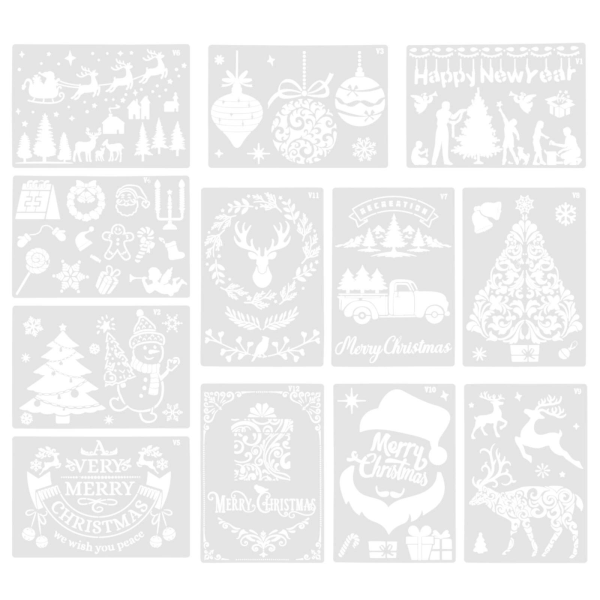 12 stk juletemaer Plastmalet stencil Delikat mønster tegneskabeloner 26X17.5cm