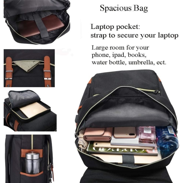 College rygsæk Max 15,6 tommer bærbar afslappet rygsæk Vandtæt Business Travel Skole rygsæk rygsæk med USB Unisex (sort) Black