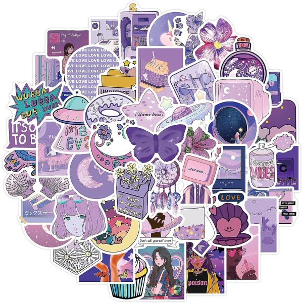 Kawaii vattenflaska klistermärken - 50 st söta estetiska vinyl klistermärken Vattentäta lila klistermärken Laptop klistermärken för barn