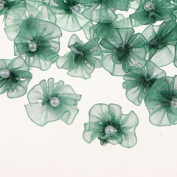 5x40 Chiffonblomster med Perle Flatback-knapper Pynt DIY Håndverk Grønn