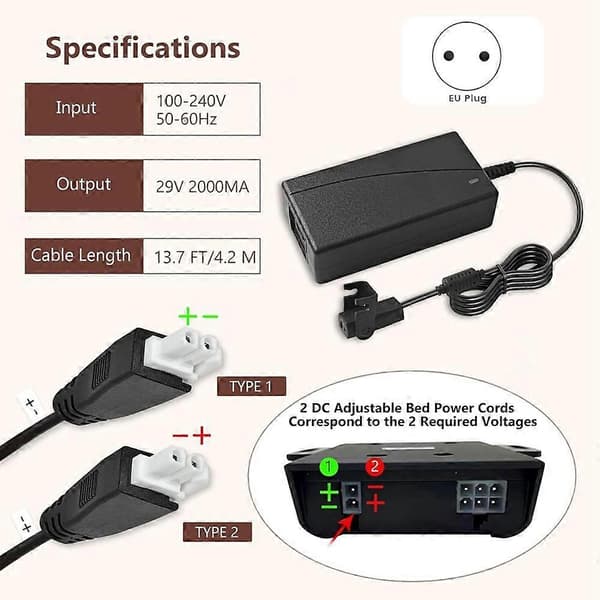 Justerbar sengebund strømforsyningsadapter, elektrisk seng reservedele strømkabelsæt til Ergo, Extend, Sealy EU-stik Black Eu plug