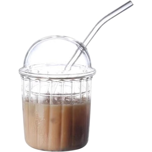 Cute Drinking Glasses With Glass Dome Lid And Straw, Reusable Wide Mouth Milkshakes Coffee Cup