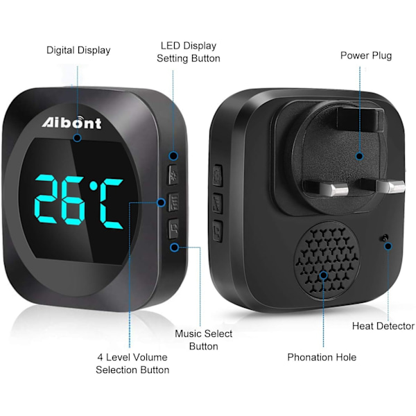 Termometer, IP44 Vandtæt Dørklokkesæt med 300 m Rækkevidde, 38 Melodier, 0-100dB Lydstyrke med 4 Niveauer og LED-Display, Trådløse Dørklokker til Stikkontakt black