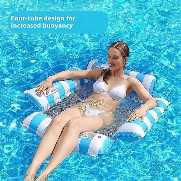 Oppustelig flydende liggestol foldbart ryglæn stribet vandhængekøje til voksne poolflyder 4-rørs design LightBlue