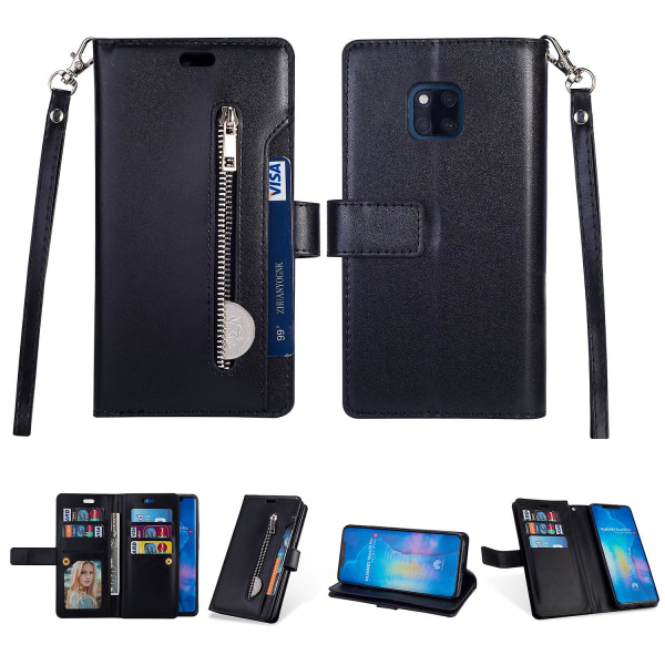Huawei Mate 20 Pro [monipaikkainen lompakko] Vetoketjullinen nahkateline puhelimen kuori ja hihna Black