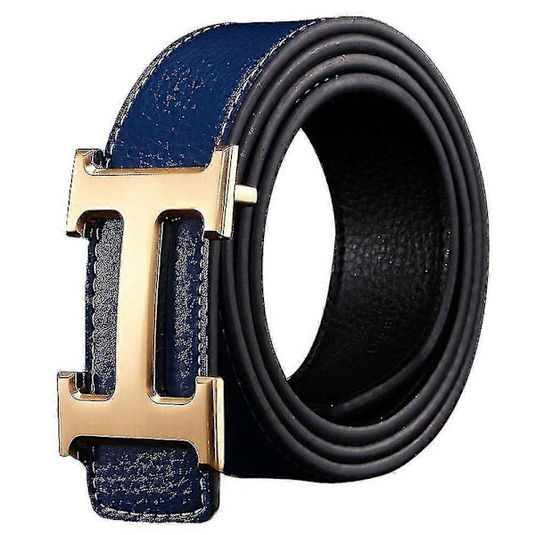 Ny Stil Affärs Fritid Äkta PU Läder H Slätt Spänne Litchi Korn Bälte För Män (FMY) Blue   Golden