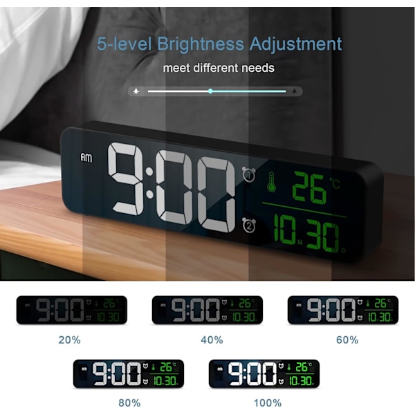 Digital Klocka Stor Display, Vägg Vardagsrum Temp & Datumvisning Elektroniska Klockor, LED Spegel 40 Musik, 2 Alarm, 6 Ljusstyrka Dimmer, 4 Volym black