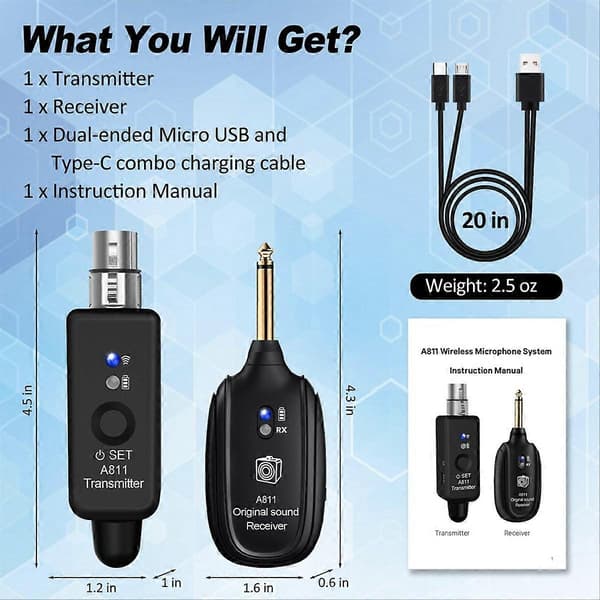 A811 Trådløs Mikrofonkonverteradapter Sender og Mottaker