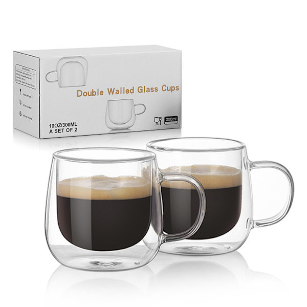Dobbeltvæggede glas kaffekopper med håndtag, sæt med 2 hule vakuumforseglede, håndlavede, varmebestandige, opvaskemaskine-sikre, 250 ml lattekopper