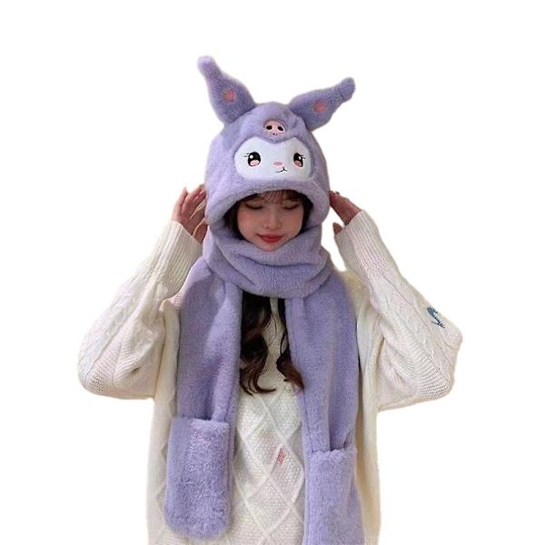 3 in 1 Kawaii Kuromi Mymelody Cinnamoroll Pehmohattu Huivi Piirretty Hattu Talvi Joulu Söpö Pupu Hattu Huivi Ja Käsineet Lahjat Naisille Tytöille Purple