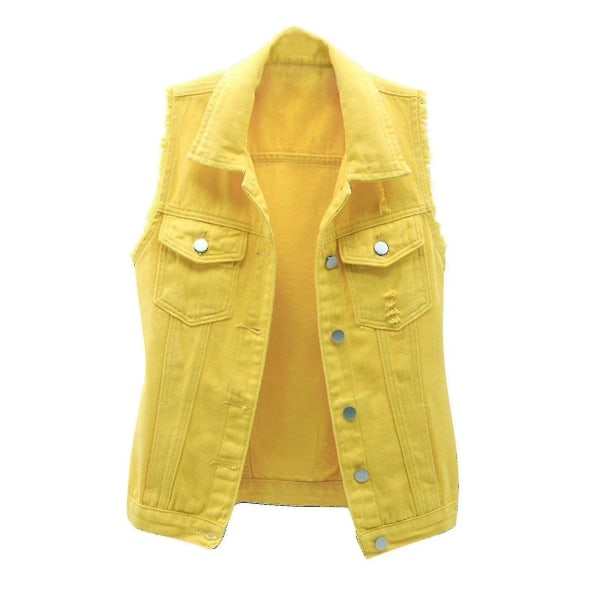 Kvinder forår og efterår frakker Solid ærmeløs denimjakke Overtøj Yellow XXL